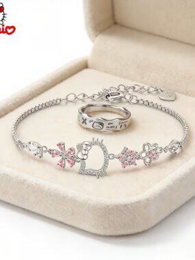 Hello Kitty Silver-Tone Bracelet and Ring Set with Pink Accents